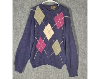 VTG Eddie Bauer Mens Navy Blue Argyle Knit Sweater Pullover Long Sleeve L Preppy