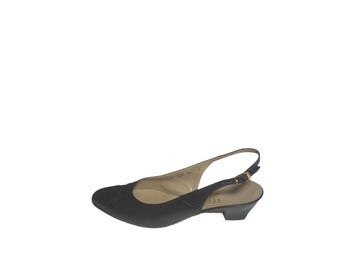 Salvatore Ferragamo Slingback Heels Women Size 8.5AAA Black Leather Block Heel Professional Designer Work Shoes Elegant Narrow Width Luxury