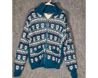 VTG J.B. Buck Gear Men's Teal Aztec Geometric Zip Up Sweater Size M Comfy Winter