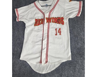 Vintage Augusta Sportswear Red Wings Baseball Jersey Button Up Number 14 Männer Erwachsene kleine Vtg 90er Jahre Team Uniform Rot Weiß Lässige Sportbekleidung