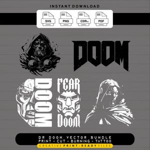 May include: A digital download bundle featuring various black and white illustrations of Dr. Doom. Includes the word "DOOM" in bold lettering and multiple graphic designs of the character's face. The bundle also includes file formats such as SVG, PNG, CDR, and PDF.