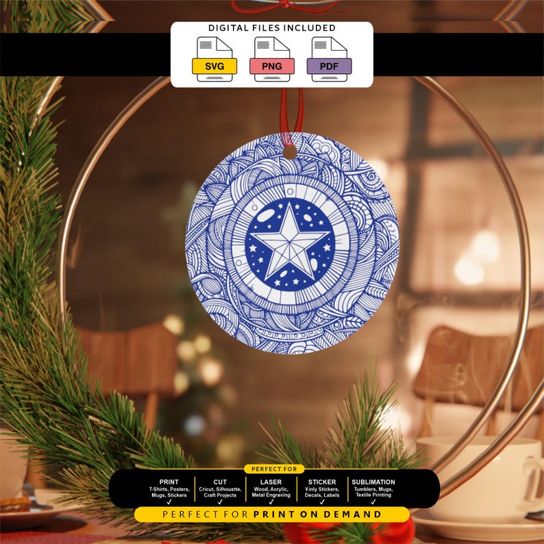 May include: A circular ornament featuring a blue and white intricate mandala-style pattern with a central five-pointed star. The design includes a red hanging ribbon. Text at the top reads DIGITAL FILES INCLUDED with SVG, PNG, and PDF icons.