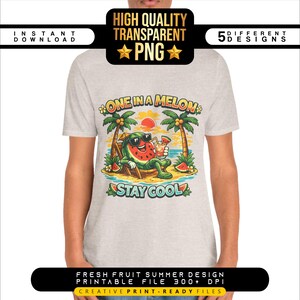 May include: A light gray t-shirt featuring a cartoon watermelon wearing sunglasses and relaxing on a beach chair, holding a drink. The shirt has the text "ONE IN A MELON" and "STAY COOL". The design is a fresh fruit summer design.