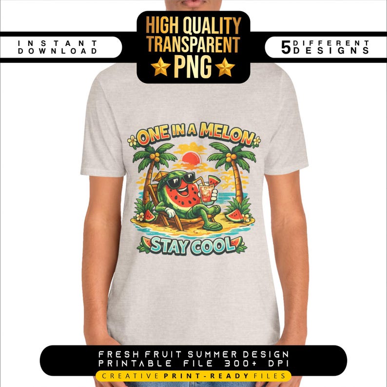 May include: A light gray t-shirt featuring a cartoon watermelon wearing sunglasses and relaxing on a beach chair, holding a drink. The shirt has the text "ONE IN A MELON" and "STAY COOL". The design is a fresh fruit summer design.