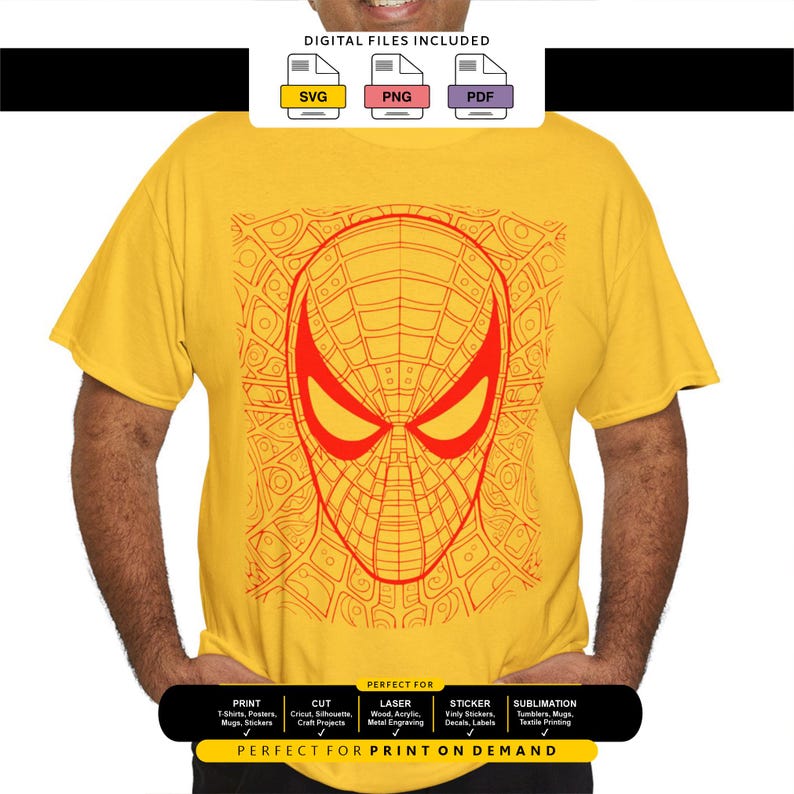 May include: A bright yellow short-sleeved t-shirt featuring a red graphic of a superhero mask with a web-like pattern. The design includes the text DIGITAL FILES INCLUDED with SVG, PNG, and PDF icons, and a black banner labeled PERFECT FOR PRINT ON DEMAND.