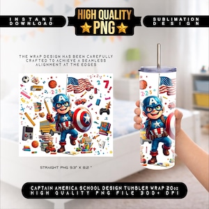 May include: A 20 oz tumbler wrap featuring a Captain America school design. The design includes an illustration of Captain America, an American flag, and school-themed elements. The tumbler wrap is a straight PNG, 9.3" x 8.2".