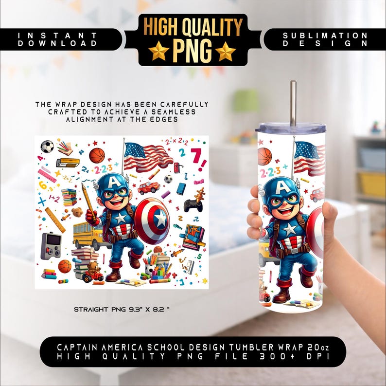 May include: A 20 oz tumbler wrap featuring a Captain America school design. The design includes an illustration of Captain America, an American flag, and school-themed elements. The tumbler wrap is a straight PNG, 9.3" x 8.2".