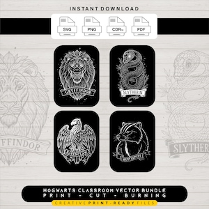 May include: A digital download featuring four black and white illustrations of Hogwarts house crests: Gryffindor lion, Slytherin serpent, Ravenclaw eagle, and Hufflepuff badger. Includes SVG, PNG, CDR18, and PDF files. The text reads "Hogwarts Classroom Vector Bundle".