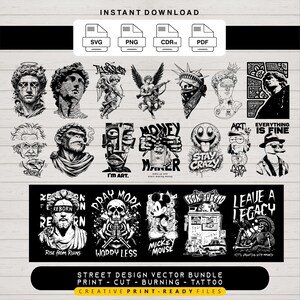 May include: A black and white street design vector bundle featuring various illustrations. Includes images of statues, angels, and pop culture icons. The text includes "INSTANT DOWNLOAD", "SVG", "PNG", "CDR18", "PDF", "STREET DESIGN VECTOR BUNDLE", and "CREATIVE PRINT - READY FILES".