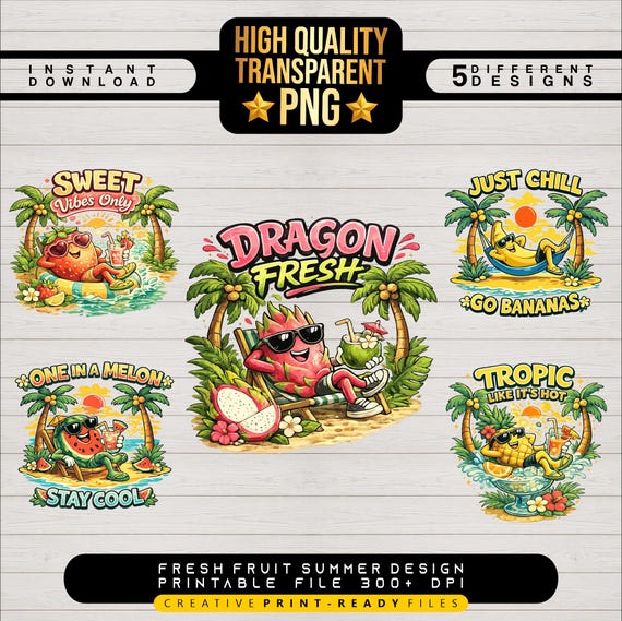 Funny Fruit T-Shirt Designs Bundle | Retro Summer PNG | Transparent Background | Tropical Cartoon Graphics Pack