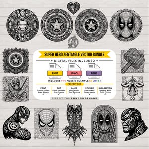 May include: A digital bundle of black and white superhero zentangle vector illustrations featuring characters like Iron Man, Captain America, Deadpool, Spider-Man, Thor, and Black Panther, with text reading SUPER HERO ZENTANGLE VECTOR BUNDLE.