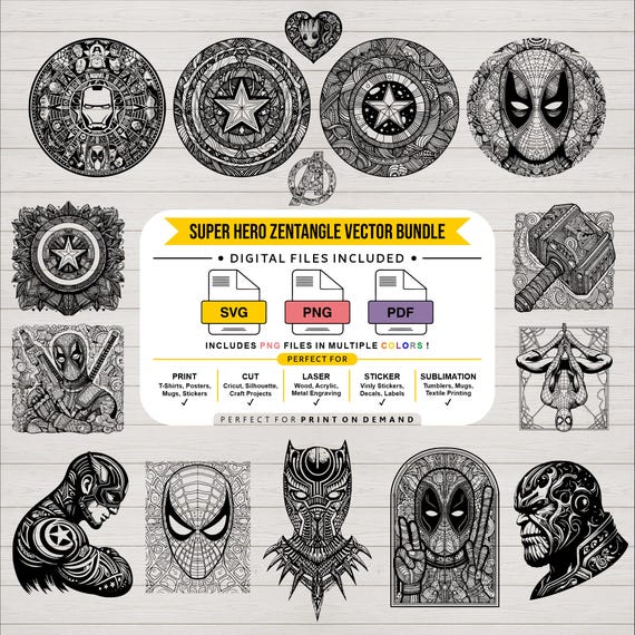 Superhero Mandala Design SVG Cut Files PNG Print Ready Bundle Digital File