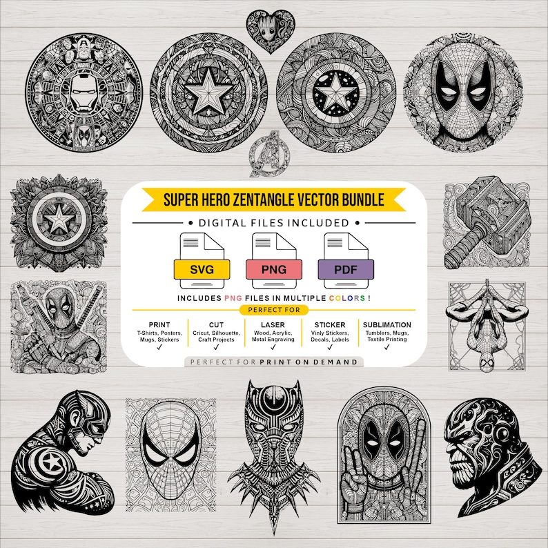 May include: A digital bundle of black and white superhero zentangle vector illustrations featuring characters like Iron Man, Captain America, Deadpool, Spider-Man, Thor, and Black Panther, with text reading SUPER HERO ZENTANGLE VECTOR BUNDLE.