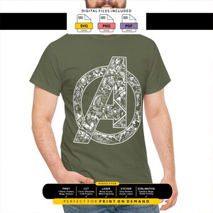 May include: An olive green t-shirt featuring a large white graphic of the Avengers logo, which is filled with detailed illustrations of various comic book characters. Above the shirt are icons for SVG, PNG, and PDF files, and below is a black banner.