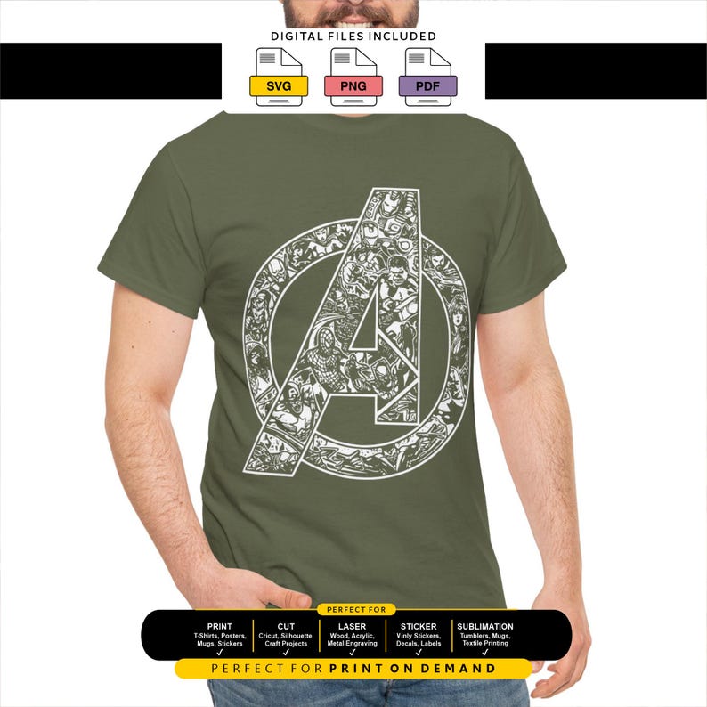 May include: An olive green t-shirt featuring a large white graphic of the Avengers logo, which is filled with detailed illustrations of various comic book characters. Above the shirt are icons for SVG, PNG, and PDF files, and below is a black banner.