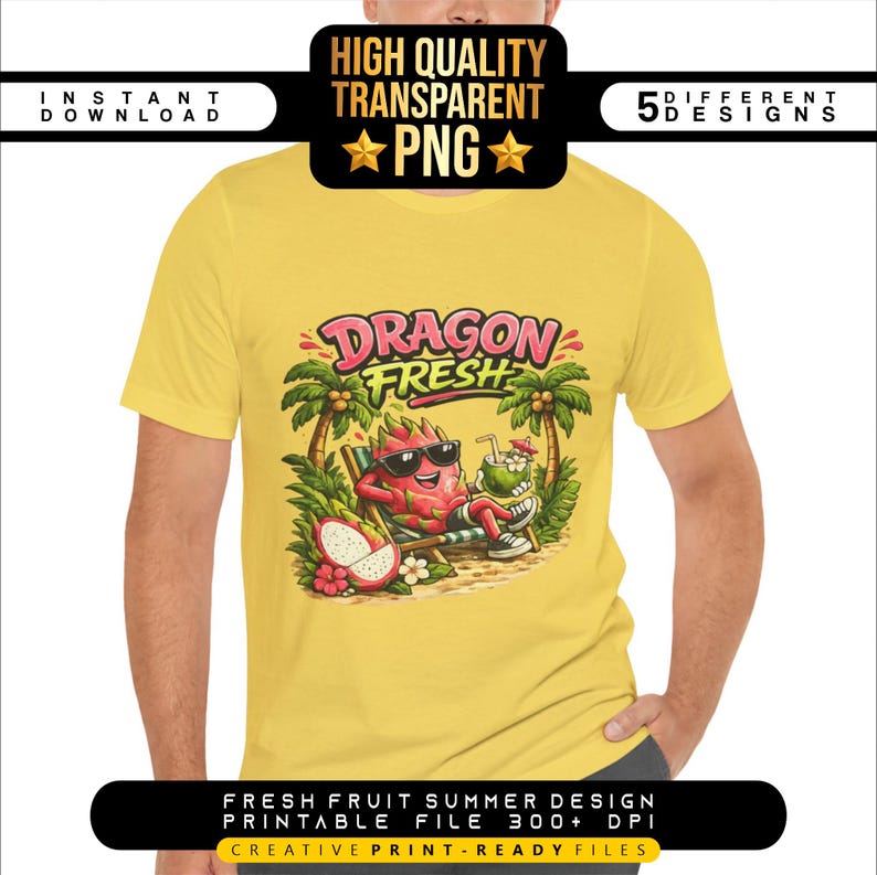 May include: Yellow t-shirt featuring a cartoon dragon fruit relaxing on a beach chair, wearing sunglasses, and holding a tropical drink. The shirt has the text "DRAGON FRESH" and other text that says "INSTANT DOWNLOAD" and "HIGH QUALITY TRANSPARENT PNG".