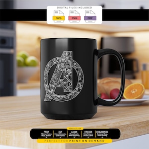 May include: A black ceramic mug featuring a white graphic of the Avengers logo, which is filled with a collage of various superhero character illustrations. Above the mug, text reads DIGITAL FILES INCLUDED with SVG, PNG, and PDF icons.