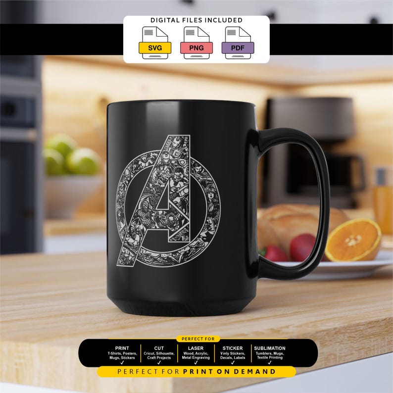 May include: A black ceramic mug featuring a white graphic of the Avengers logo, which is filled with a collage of various superhero character illustrations. Above the mug, text reads DIGITAL FILES INCLUDED with SVG, PNG, and PDF icons.