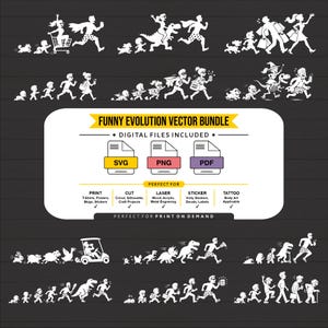 Pode incluir: Uma coleção de gráficos vetoriais em silhueta branca sobre um fundo escuro, apresentando várias sequências de evolução humorísticas. O texto central diz FUNNY EVOLUTION VECTOR BUNDLE, DIGITAL FILES INCLUDED, SVG, PNG, PDF, PRINT, CUT, LASER, STICKER, TATTOO.