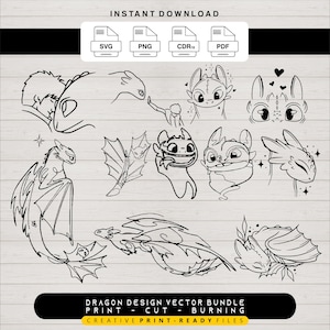 May include: A selection of black and white dragon illustrations in different poses, including dragons with wings and dragon faces. The image features the text "INSTANT DOWNLOAD" and file type icons. The bottom of the image reads "DRAGON DESIGN VECTOR BUNDLE".