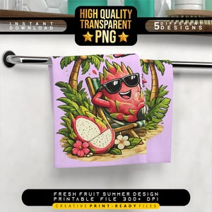 May include: A light purple towel with a cartoon dragon fruit wearing sunglasses, relaxing in a beach chair, and a cut dragon fruit. The towel has the text "HIGH QUALITY TRANSPARENT PNG" and "FRESH FRUIT SUMMER DESIGN PRINTABLE FILE 300+ DPI".