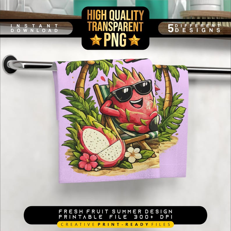 May include: A light purple towel with a cartoon dragon fruit wearing sunglasses, relaxing in a beach chair, and a cut dragon fruit. The towel has the text "HIGH QUALITY TRANSPARENT PNG" and "FRESH FRUIT SUMMER DESIGN PRINTABLE FILE 300+ DPI".