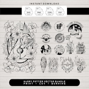 Puede incluir: Un paquete de vectores en blanco y negro con varios diseños temáticos de Harry Potter. Incluye escudos de Hogwarts, el Mapa del Merodeador y otras imágenes icónicas. En la parte superior se lee "INSTANT DOWNLOAD". El texto "HARRY POTTER VECTOR BUNDLE" está en la parte inferior.