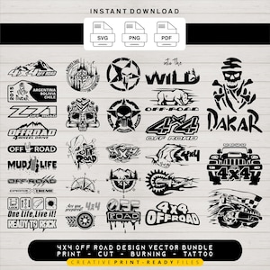 May include: A collection of black and white 4x4 off-road design vector graphics. Includes various logos, text, and illustrations such as skulls, mountains, and vehicle graphics. The text includes "OFF ROAD", "4x4", and "DAKAR".