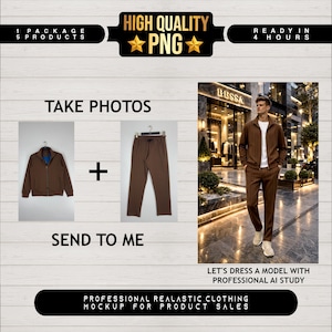 Puede incluir: Se muestra una chaqueta marrón con cremallera y pantalones a juego, junto con una foto de un modelo que lleva el conjunto. La imagen incluye el texto "HIGH QUALITY PNG" y "READY IN 4 HOURS". También están presentes los textos "TAKE PHOTOS" y "SEND TO ME".