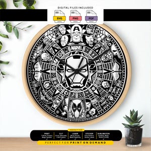 May include: A round wall clock with a light wood frame featuring a black and white graphic design of various Marvel superhero faces and symbols arranged in a circular pattern, with the word MARVEL printed at the top center of the clock face.