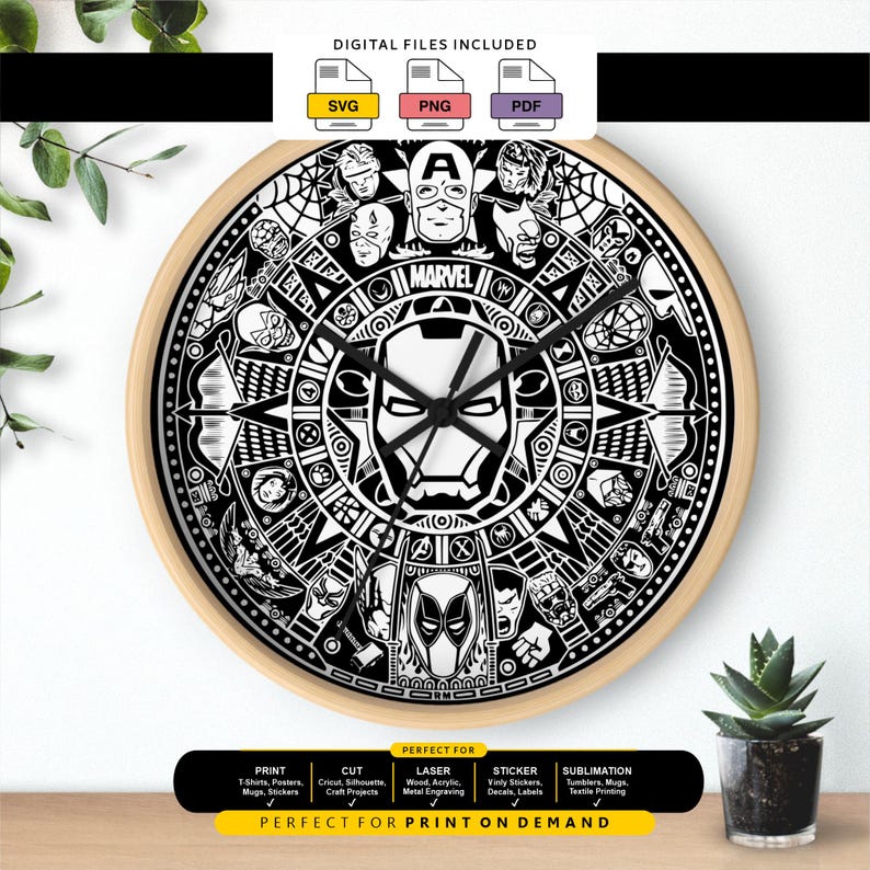 May include: A round wall clock with a light wood frame featuring a black and white graphic design of various Marvel superhero faces and symbols arranged in a circular pattern, with the word MARVEL printed at the top center of the clock face.