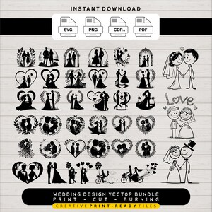 Op de afbeelding: Een zwart-wit vectorbundel met trouwontwerpen met silhouetten van koppels, harten en bloemmotieven. De afbeelding bevat pictogrammen voor bestandstypen en de tekst "INSTANT DOWNLOAD" bovenaan. De tekst "WEDDING DESIGN VECTOR BUNDLE" en "CREATIVE PRINT - READY FILES" staan onderaan.