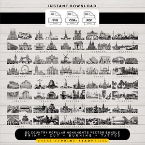 Puede incluir: Un paquete vectorial en blanco y negro con 20 monumentos populares de diferentes países. La imagen incluye monumentos famosos de todo el mundo, como la Torre Eiffel, el Big Ben y la Estatua de la Libertad. El texto incluye "DESCARGA INSTANTÁNEA" y "20 COUNTRY POPULAR MONUMENTS VECTOR BUNDLE".