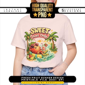 May include: A light pink t-shirt featuring a cartoon strawberry relaxing on a float with a drink, palm trees, and the text "SWEET Vibes Only." The shirt also has the text "FRESH FRUIT SUMMER DESIGN PRINTABLE FILE 300+ DPI".