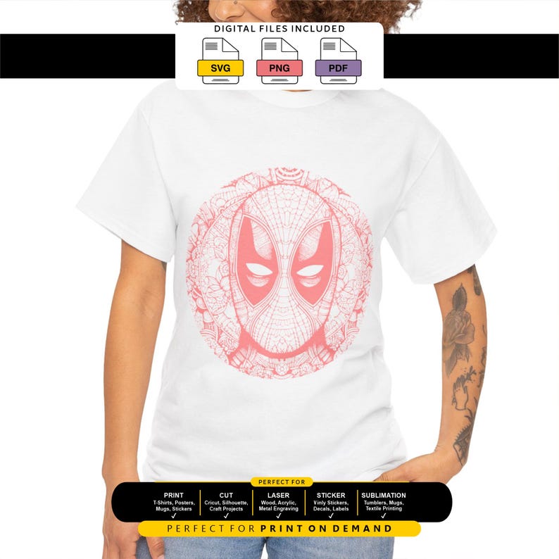 May include: A white short-sleeved t-shirt featuring a circular coral-colored graphic of a masked character face with intricate line work. Above the graphic, text reads DIGITAL FILES INCLUDED with SVG, PNG, and PDF icons. Below, text lists print options.