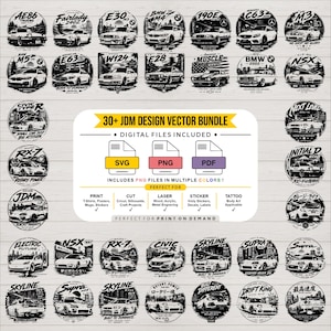 Könnte beinhalten: Eine Sammlung von über 30 kreisförmigen Schwarz-Weiß-Vektordesigns mit verschiedenen Sportwagen und JDM-Grafiken. Der zentrale Text lautet 30+ JDM DESIGN VECTOR BUNDLE, inklusive Symbolen für die Dateiformate SVG, PNG und PDF.
