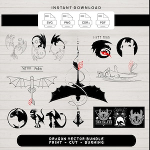 May include: A collection of black dragon vector designs, including silhouettes and illustrations. The designs feature various dragon poses and styles, with some incorporating red accents. Text includes "Dragon Vector Bundle" and file type icons.