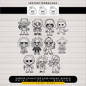May include: Black and white chibi-style illustrations of horror movie characters. The image includes characters like Freddy Krueger, Chucky, and Jason Voorhees. The text "HORROR CHARACTER CHIBI DESIGN BUNDLE" is at the bottom, along with file type icons.