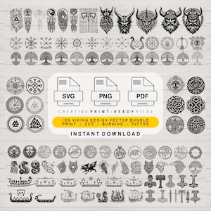 May include: A digital collection of 105 black and white Viking-themed vector designs featuring Norse symbols, warriors, trees, dragons, and longships. The image displays file icons labeled SVG, PNG, and PDF with text reading 105 VIKING DESIGN VECTOR BUNDLE.