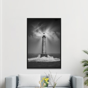 Black and White Lighthouse Print: Dramatic Coastal Storm Art (Digital Download)