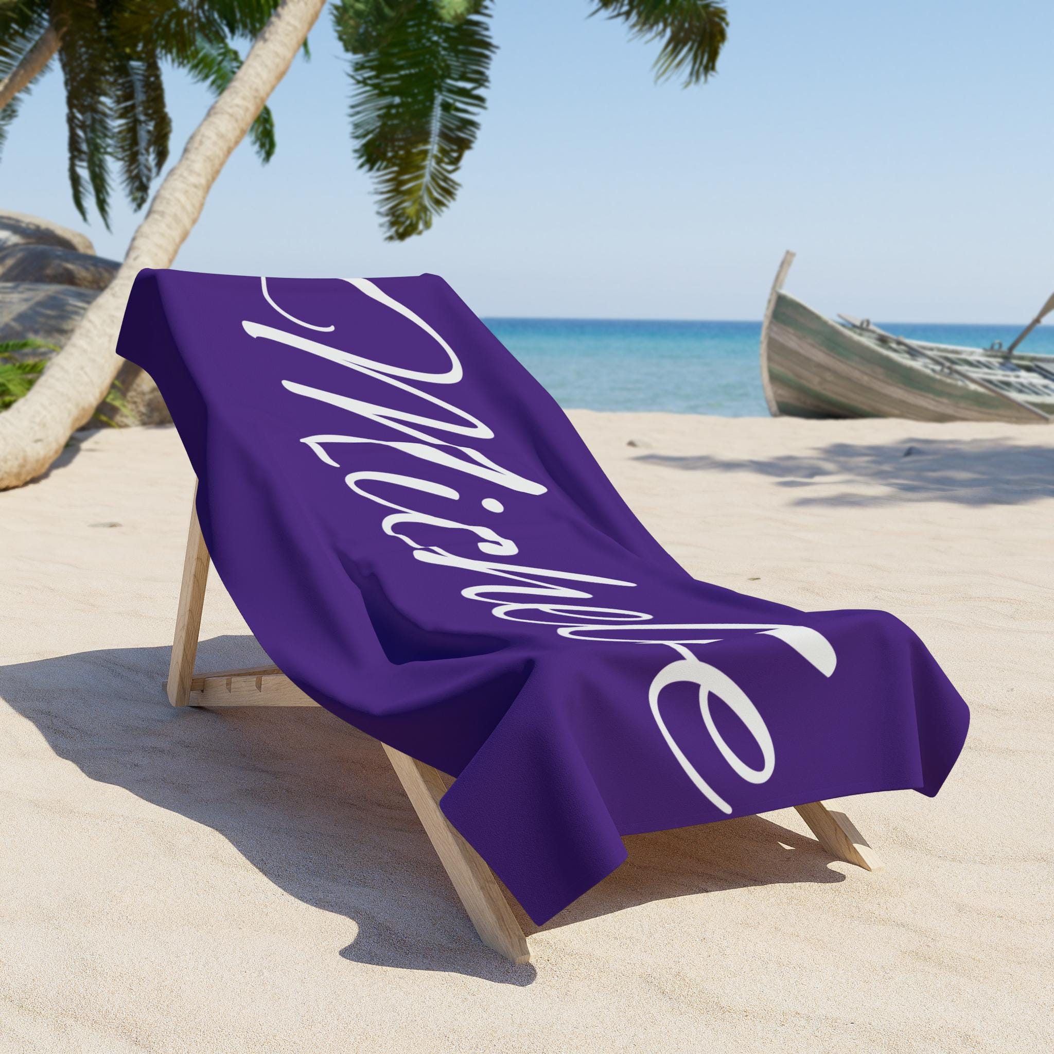 Personalized Purple Beach Towel: Custom Name, Summer Vacation, image size:2048x2048