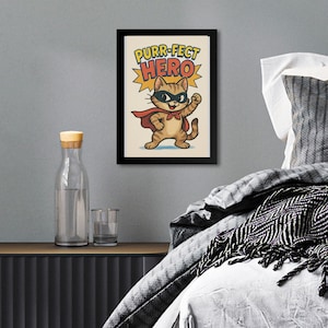 Impressão digital de herói perfeito, arte de gato super-herói, decoração de quarto infantil, pôster de gatinho de desenho animado, arte de parede para impressão, download digital, presente para amantes de gatos