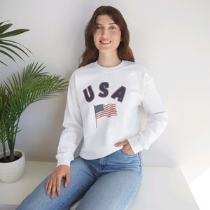 Moletom com bandeira americana, suéter patriótico dos EUA, suéter para o 4 de julho, gola redonda para o Dia da Independência, blusa vermelha, branca e azul