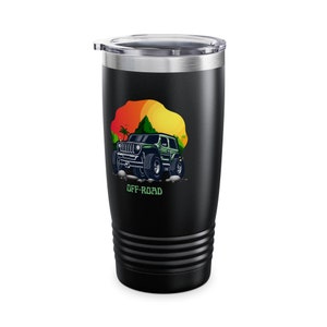 Jeep beker met ringhals, 20 oz - roestvrijstalen geïsoleerde mok, off-road avontuurlijke reisbeker, autoliefhebber cadeau, voertuigliefhebber aanwezig,