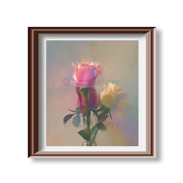 Pink Elegance, Rose, flower, digital paint, wall decoration