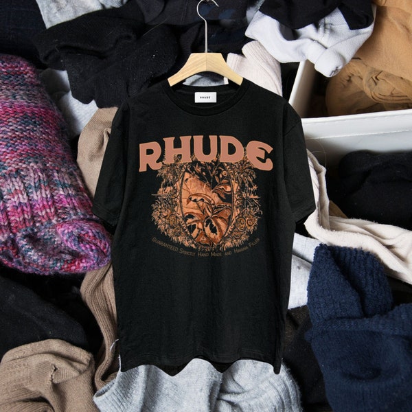 Rhude T-shirt, Rhude tropical letter print pattern T-shirt, casual streetwear for couples, unisex