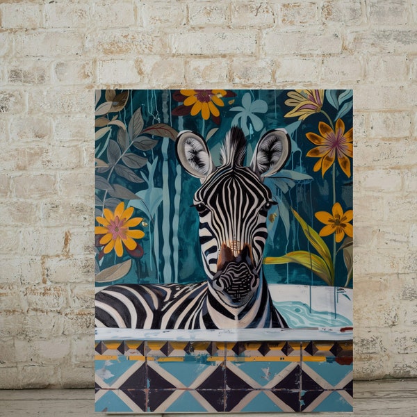 ZEBRA in bathtub bathroom animal PRINT, maximalist animal in TUB wall art, tropical safari bathroom prints, funny gifts, Toilet Art Decor