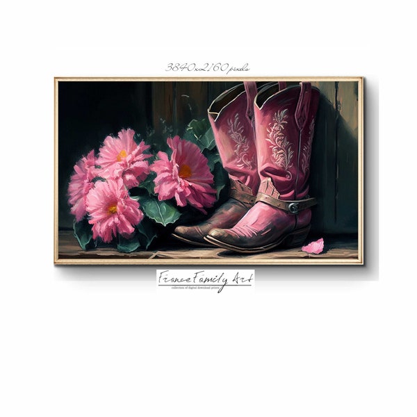 Pink Flowers Cowgirl Boots Samsung Frame TV Art, Southwestern French Cowgirl Painting, Modern Boho Girly Country Aesthetic TV Art, Digital