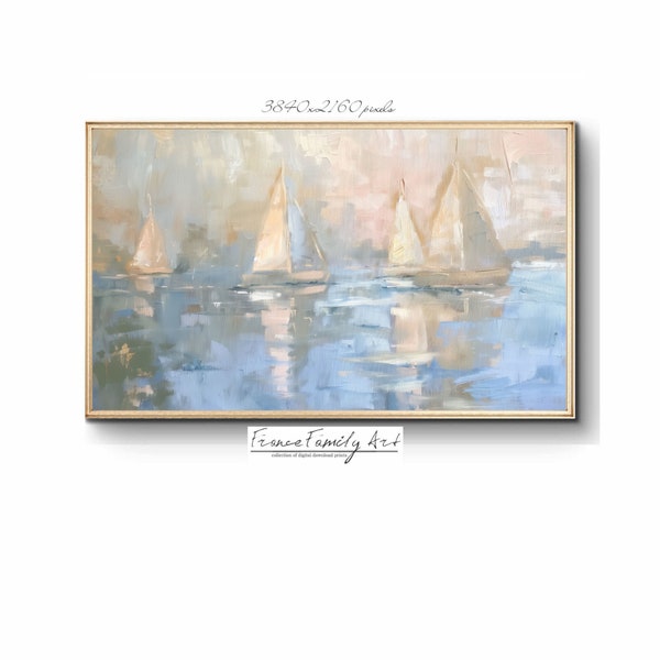 Pastel Coastal Sailboat Samsung Frame TV Art Vintage Style Seascape Lake Painting Blue Nautical Ocean Summer Screensaver Beach House Decor