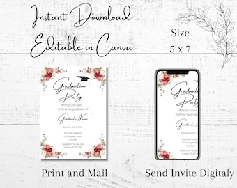 May include: Editable graduation party invitation template with floral design. The invitation features a black graduation cap and the text "Graduation Party". The template is available in two sizes: 5x7 inches for printing and a digital version for sending electronically.